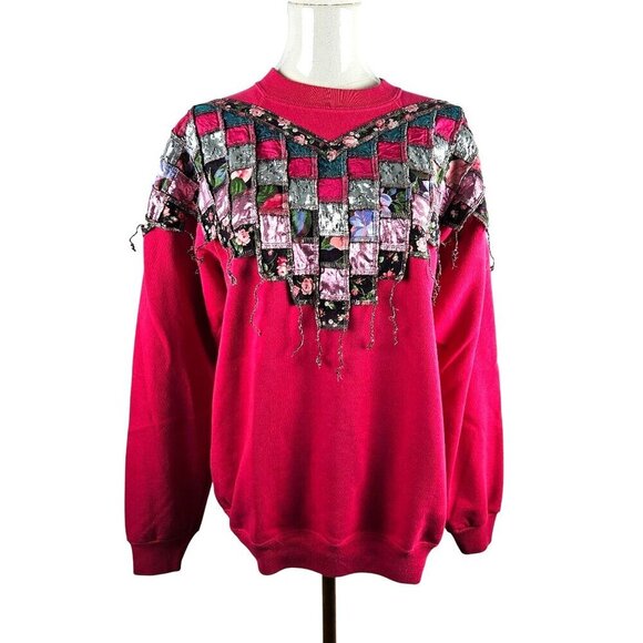 Vintage 80's 90's Jane Ekberg Patchwork Sweatshirt Pink Abstract Patch Boho - Picture 1 of 9
